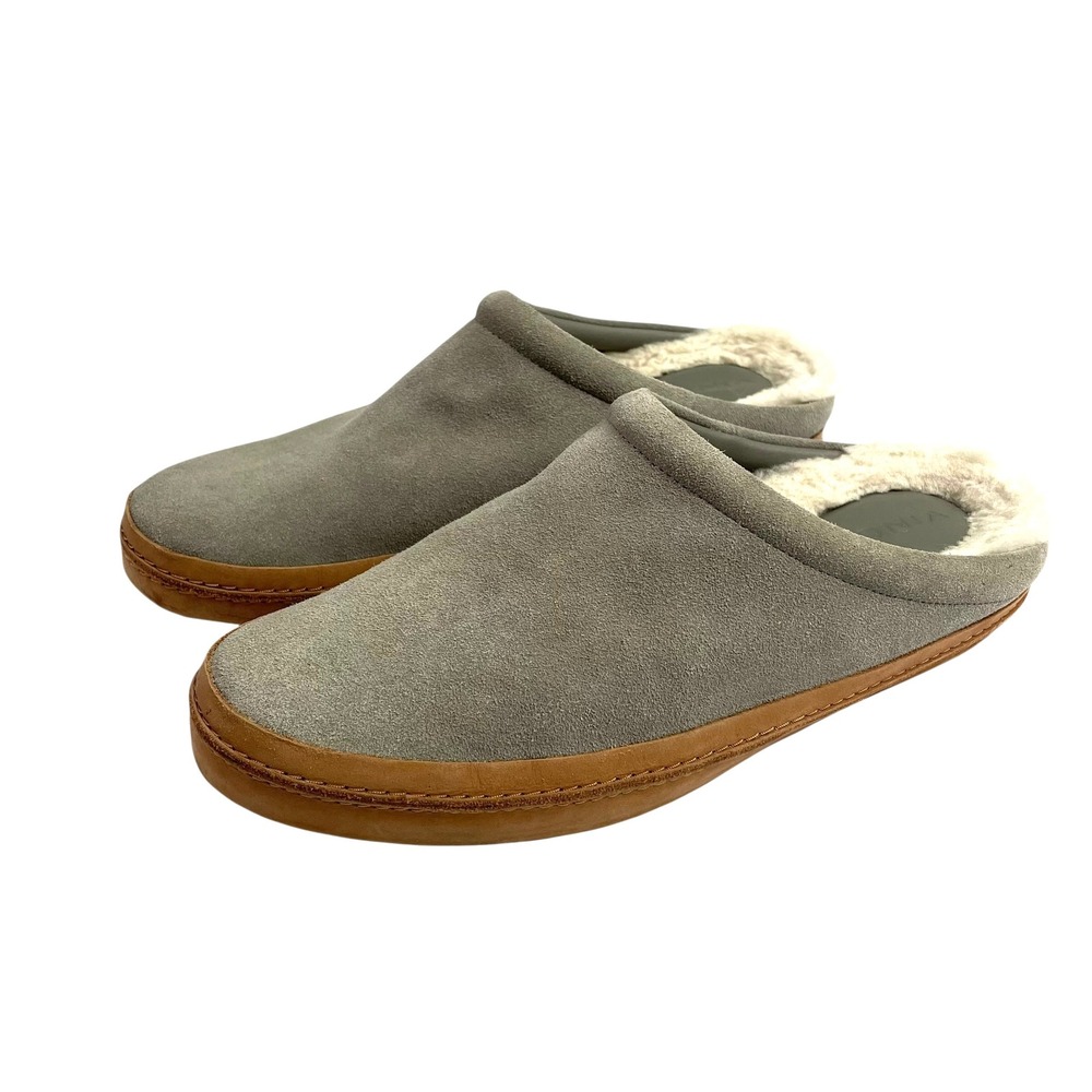Vince shearling-lined‎ suede slide slippers size 8 gray khaki